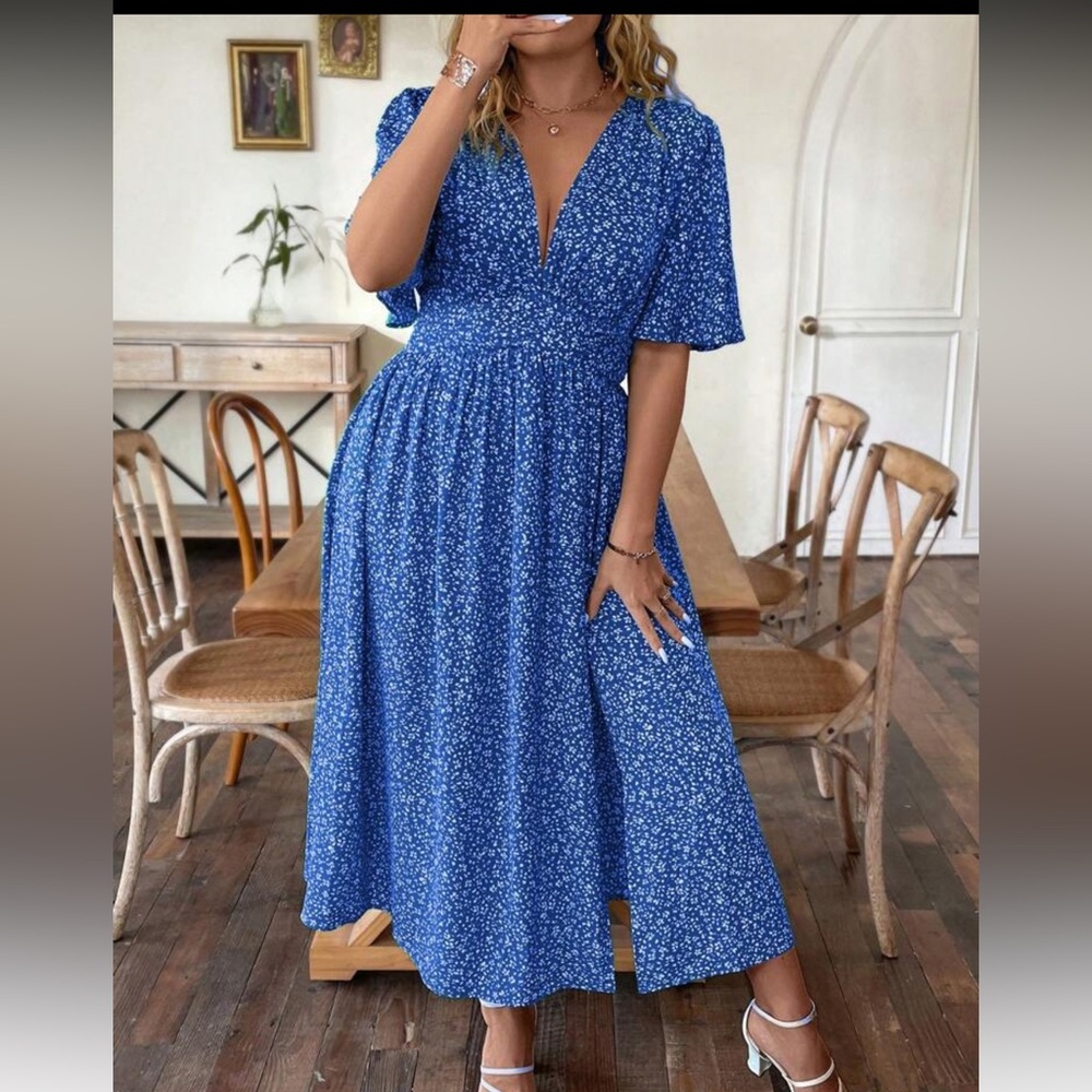 Blue Floral Midi Dress with Smocked Waist